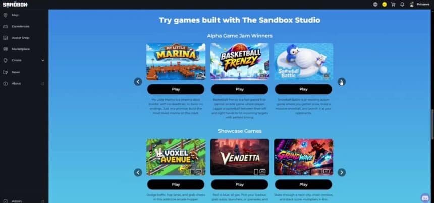 The Sandbox puts Studio-made community games in a featured section on its site