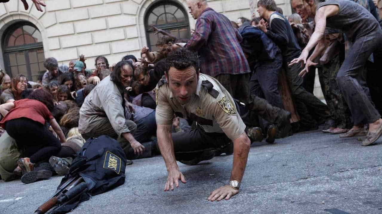 Rick Escaping a Horde in The Walking Dead