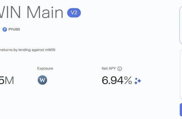 Sentora mWIN Main Morpho market interface showing total deposits, liquidity, and net APY for the PYUSD lending market.