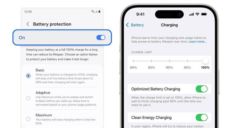 Screenshots showing battery protection / optimization settings on a Samsung phone (left) and iPhone