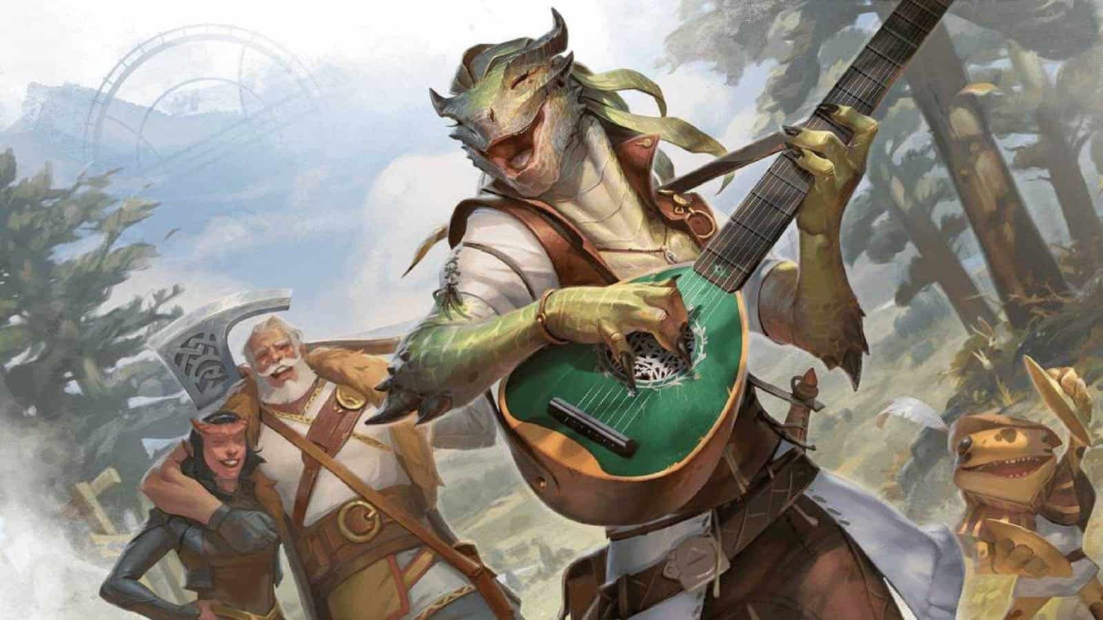 A dragon playing the lute in Dungeons and Dragon art.