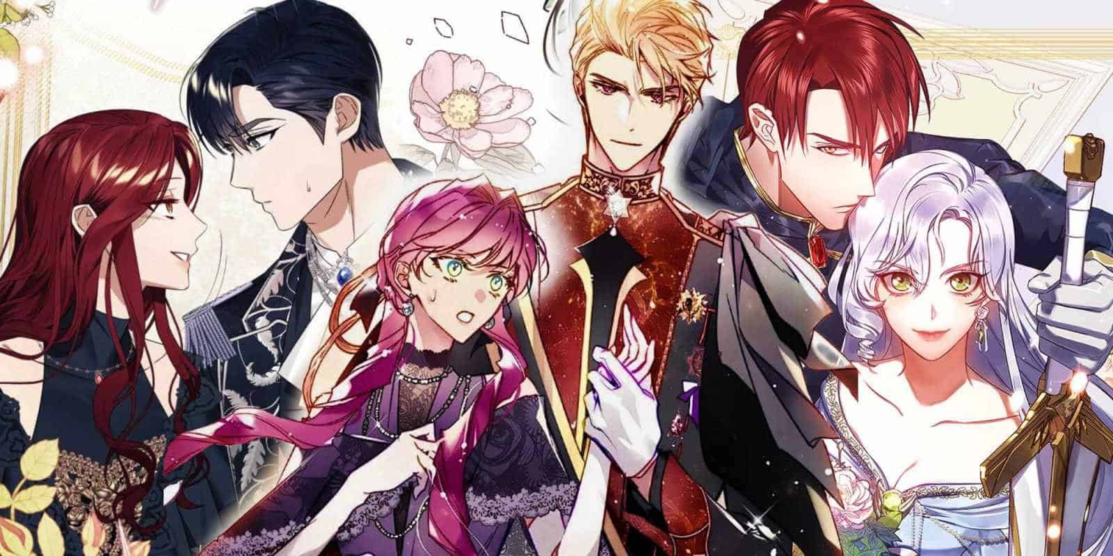 Eneemies to lovers manhwa couples featuring edith and killian to the left, penelope and callisto in the center and mercadia and demetriu to the right
