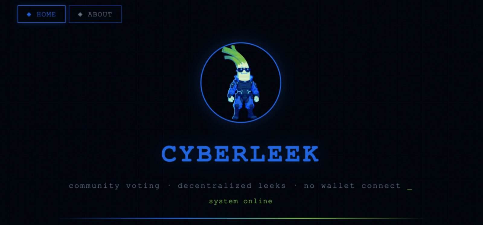 screenshot of the CyberLeek homepage featuring a pixelated leek character and text advertising community voting and decentralized leaks.