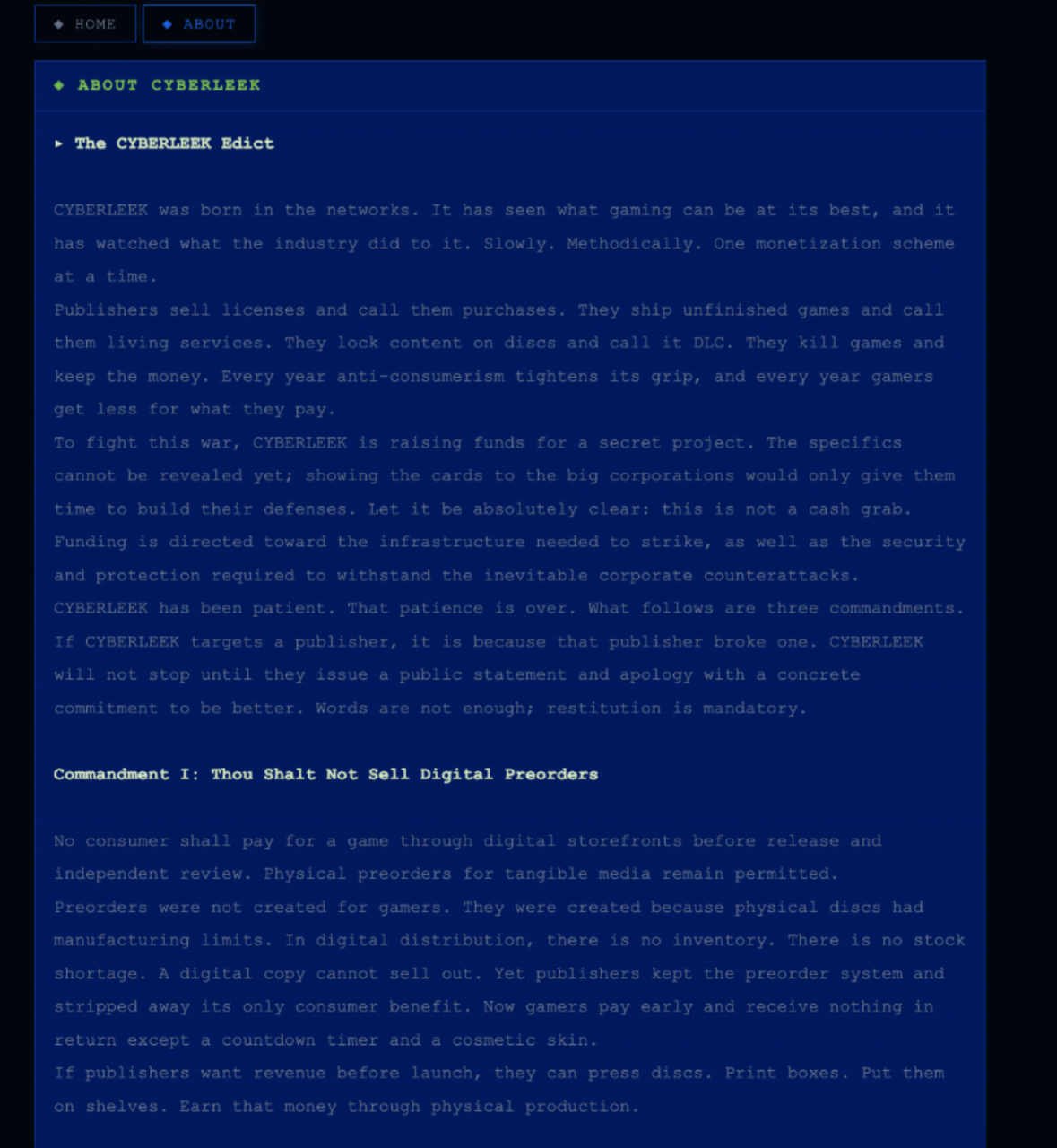 screenshot of the CyberLeek About page displaying the beginning of its manifesto and its commandment against digital preorders.