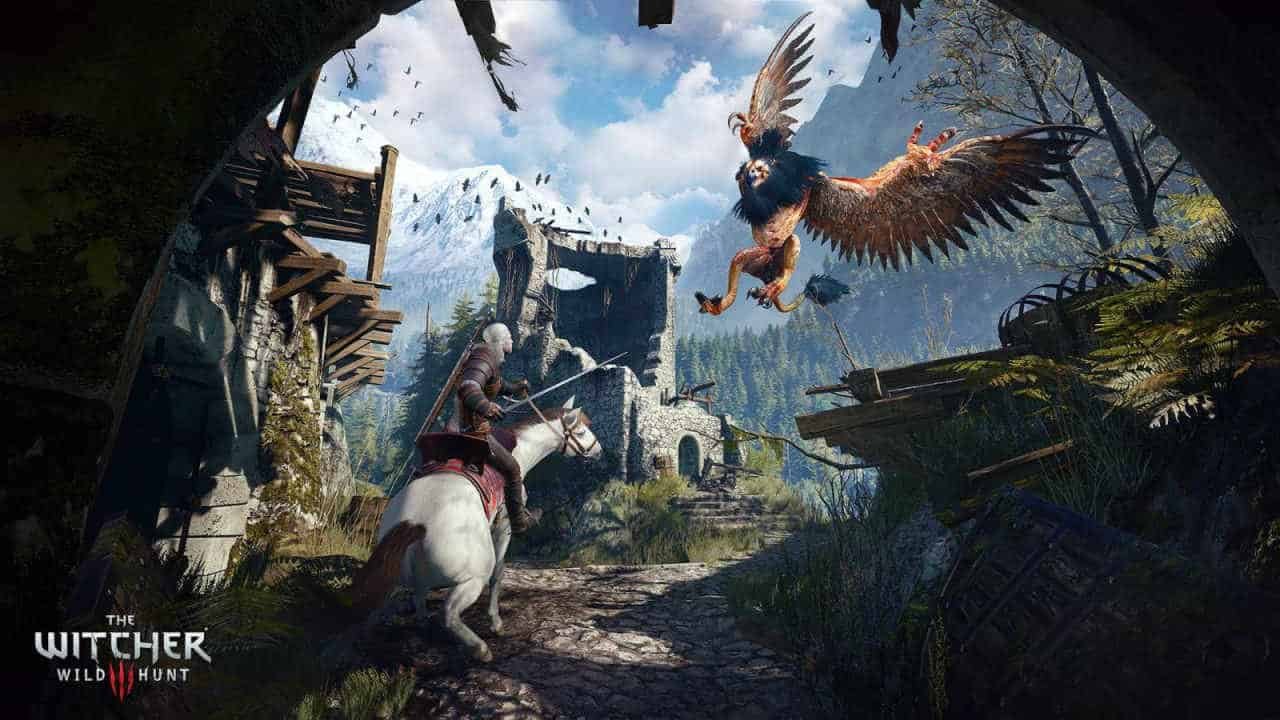 The Witcher 3 character fighting mythical creature