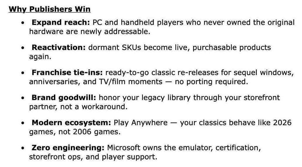 It reads “Why publishers win” and the reasons include “expand reach” “reactivation” “franchise tie-ins” “brand goodwill”, “modern ecosystem” and “zero engineering.”