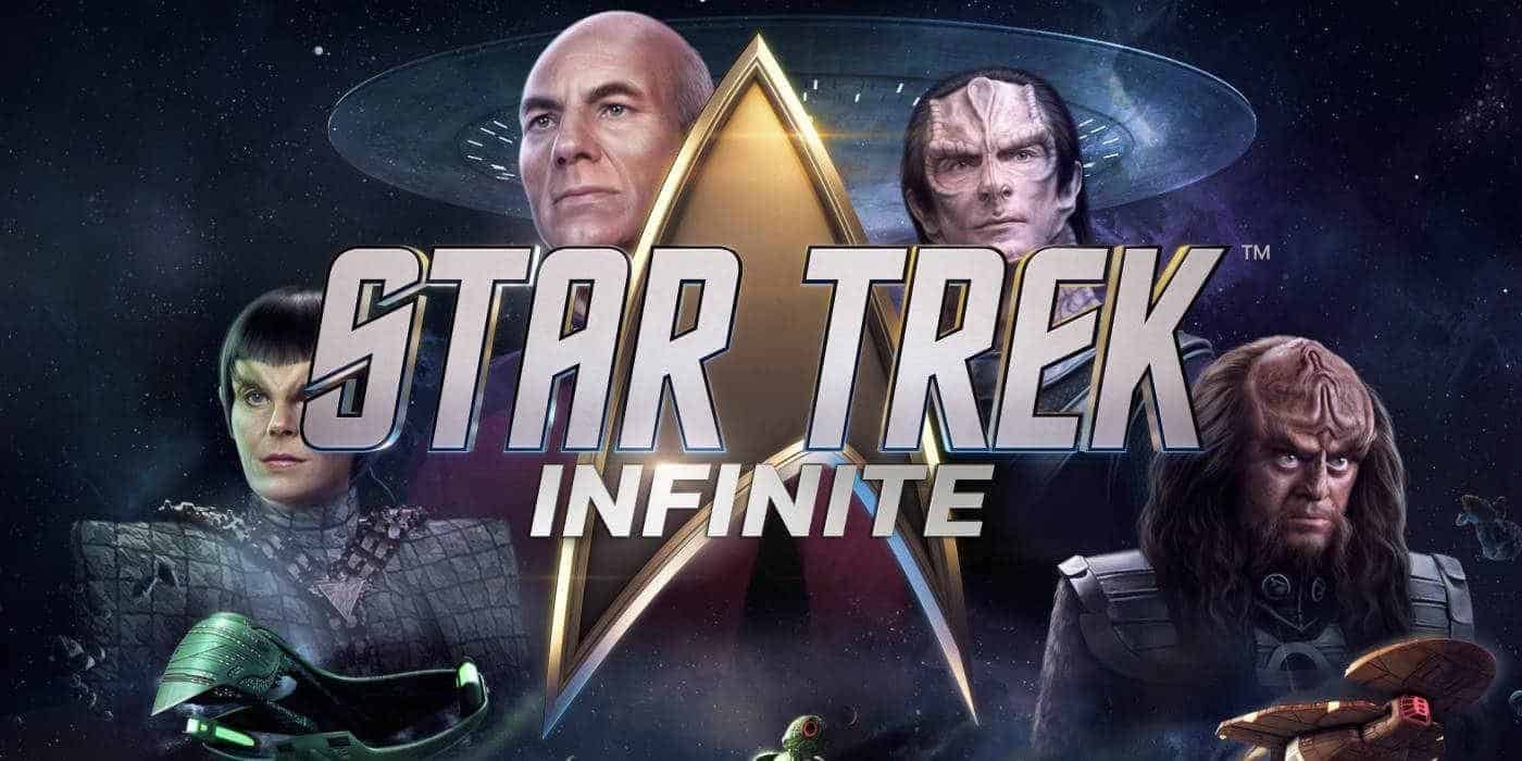 Toreth, Picard, and Gowron are flanked by the Enterprise in key art from Star Trek: Infinite. Superimposed over them is the game's logo, a gold delta insignia with the title on top of it.