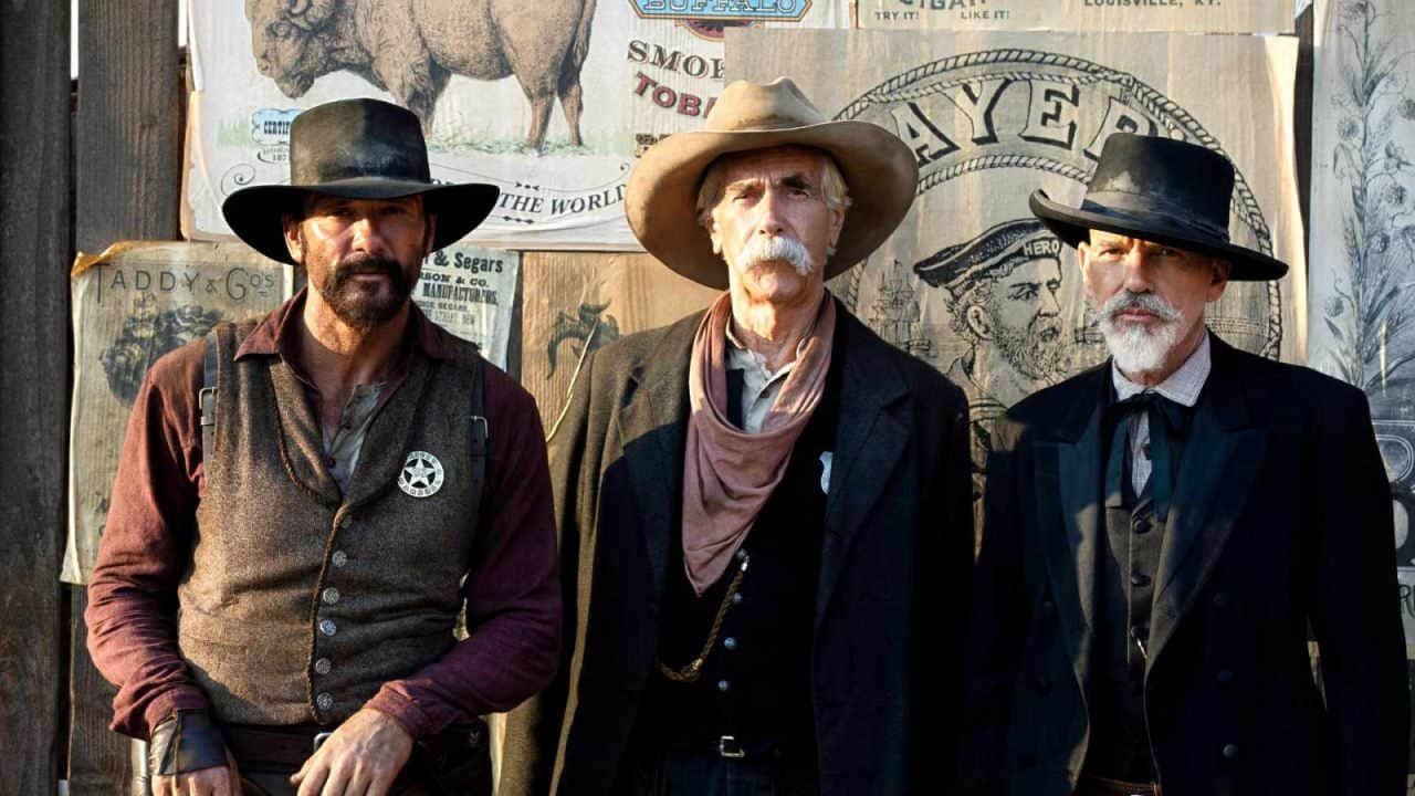 Tim McGraw as James Dutton, Sam Elliott as Shea and Billy Bob Thornton as Jim Courtright in 1883