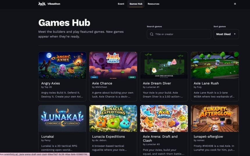 Axie Infinity puts first batch of Vibeathon games live in Games Hub