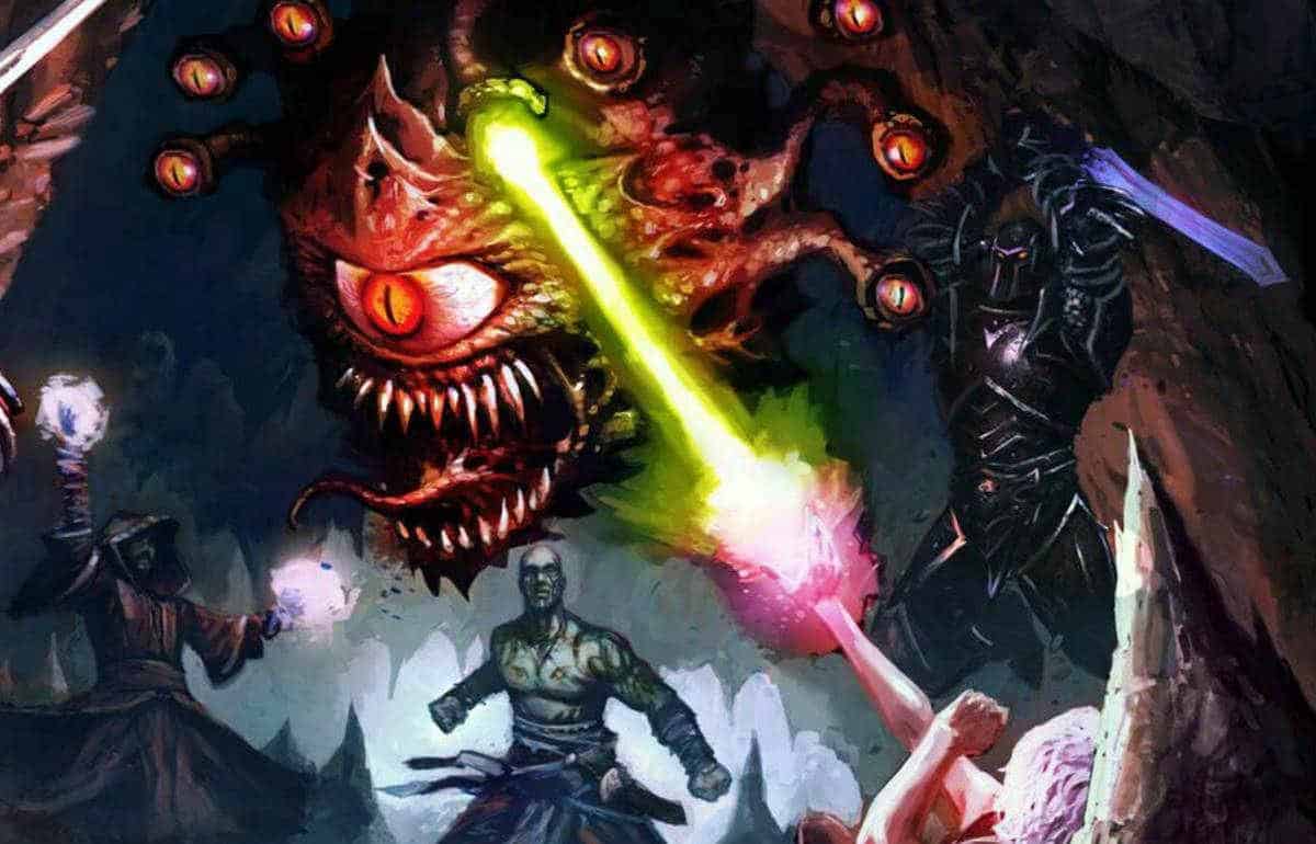 Baldur's Gate 2 Enhanced Edition cover detail featuring a Beholder fighting a group of adventurers in the Underdark
