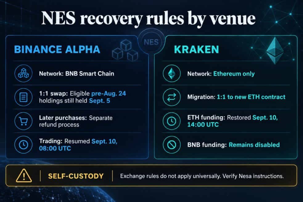 Comparison of NES recovery rules: Binance Alpha uses snapshot-based swaps and refunds on BNB Smart Chain, while Kraken supports Ethereum migration and leaves BNB funding disabled.