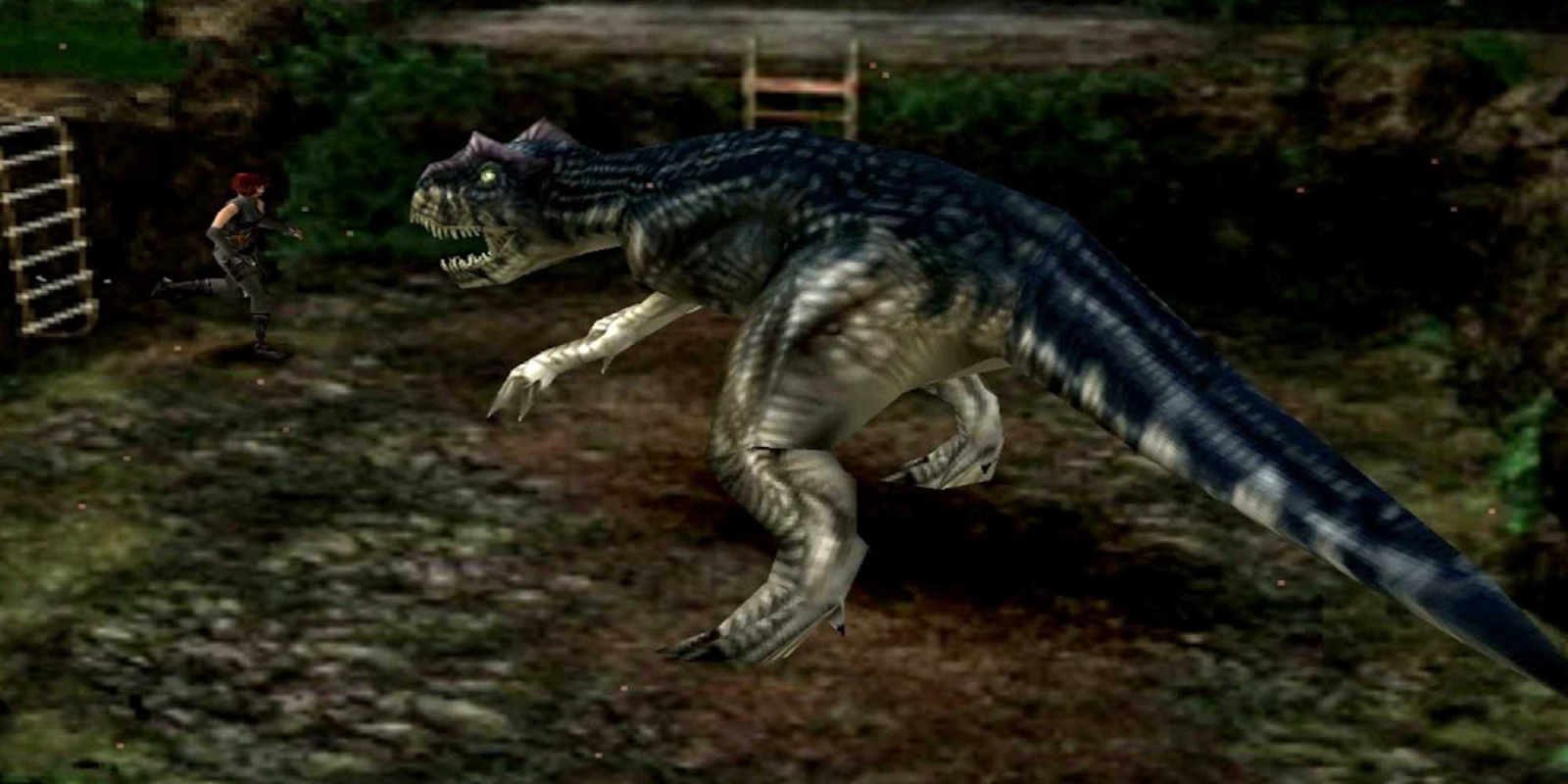 Regina fighting an Allosaurus in Dino Crisis 2