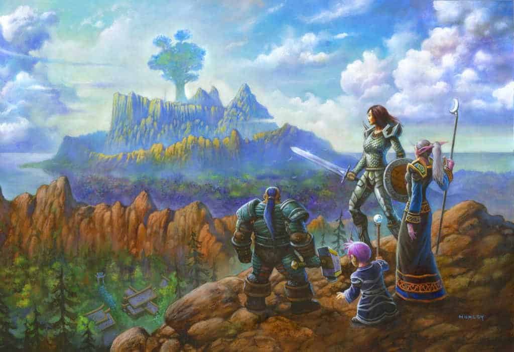 Painting of four Alliance characters looking over a landscape toward Mount Hyjal