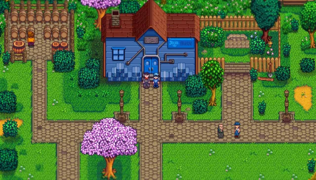 An image of the Stardew Valley Expanded mod that shows a character standing in front of a Joja Mart store using the base game of Stardew Valley.