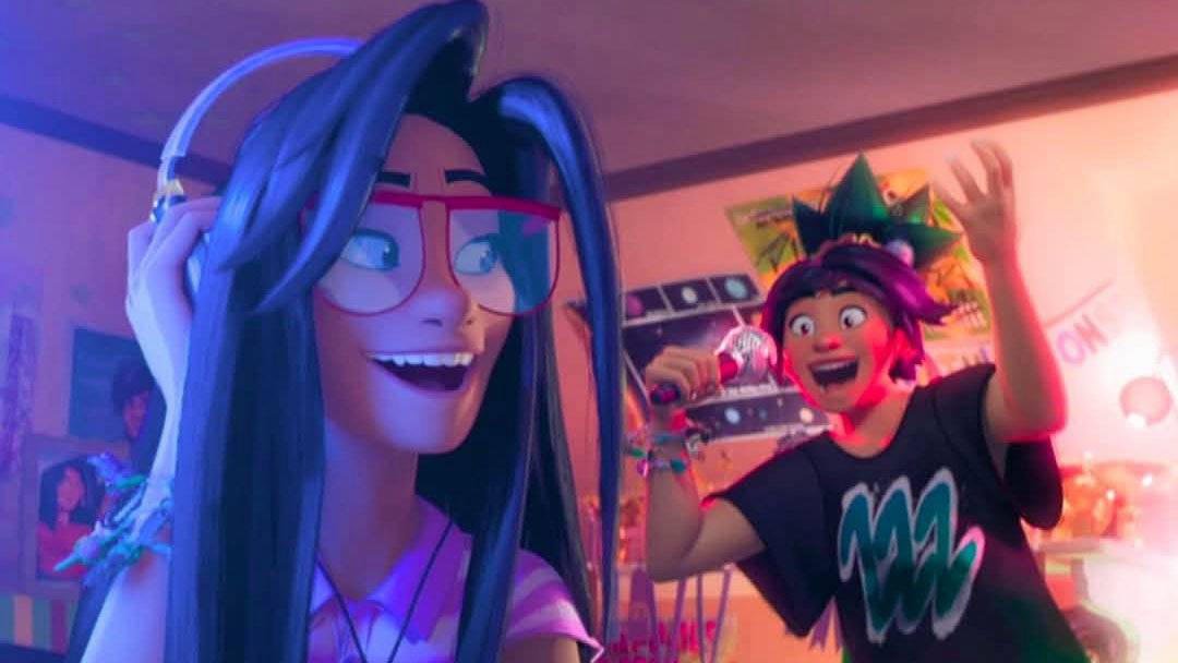 Raisa wears headphones while Jo sings in Forgotten Island