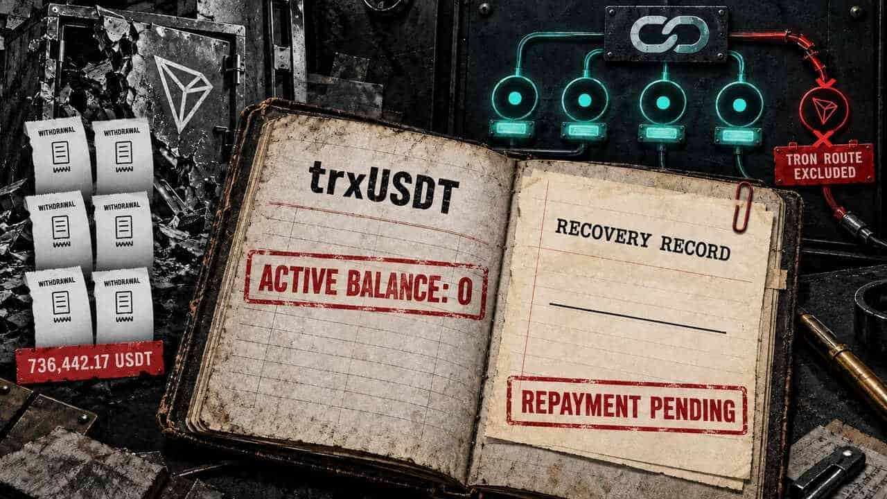 Hacker turned 55 days of failed GalaChain transactions into a $3 million master key Editorial collage of Chainflip’s TRON USDT recovery, showing six duplicate withdrawals, a zeroed active balance, and a separate pending repayment record.