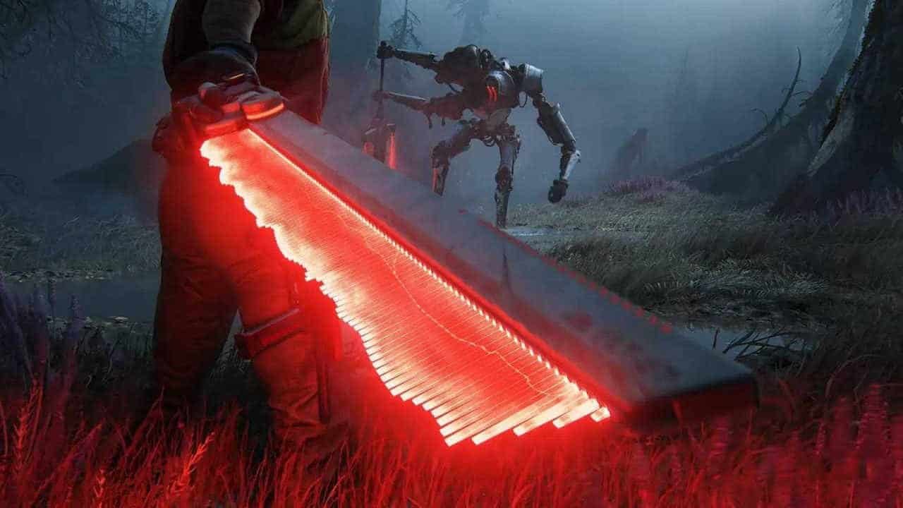 Jordan with her laser sword looking at an enemy robot in Intergalactic: The Heretic Prophet.