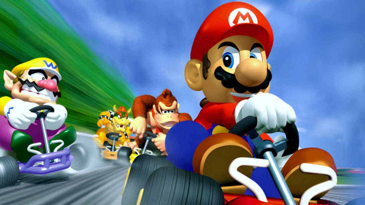 Mario, Wario, Donkey Kong and Bowser in Mario Kart 64 Key Art.