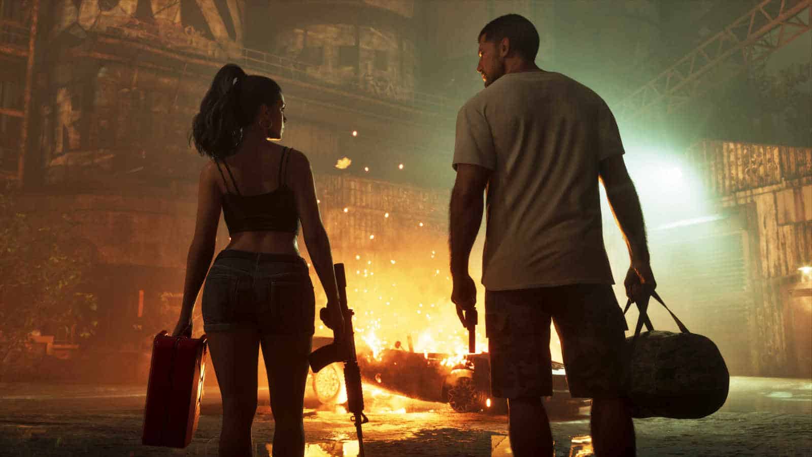 Jason and Lucia in front of a burning car in GTA 6