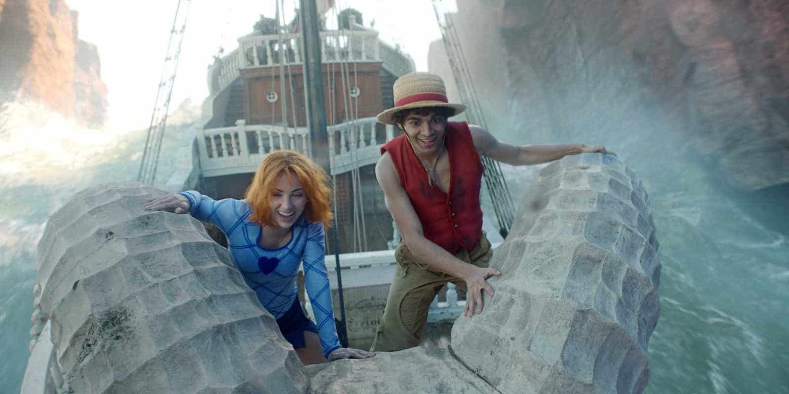 Netflix One Piece live-action Luffy and Nami on their ship smiling and happy