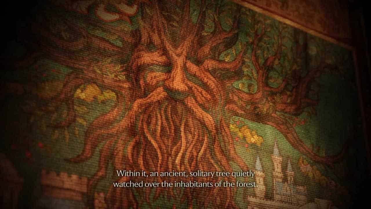 Great Deku Tree on a tapestry in the Ocarina remake trailer. Subtitles read, "Within it, an ancient, solitary tree quietly watched over the inhabitants of the forest."