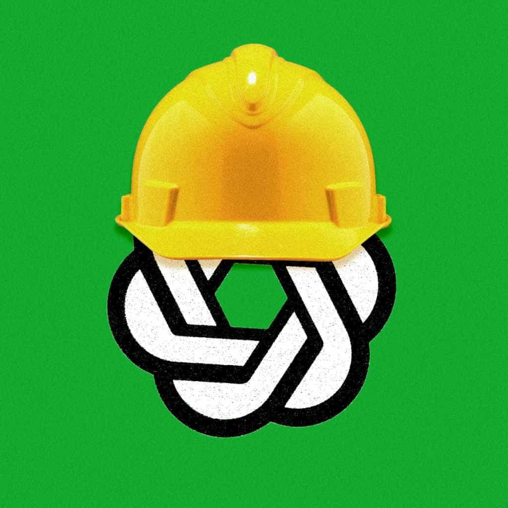 a photo illustration of the ChatGPT logo wearing a yellow hard hat.