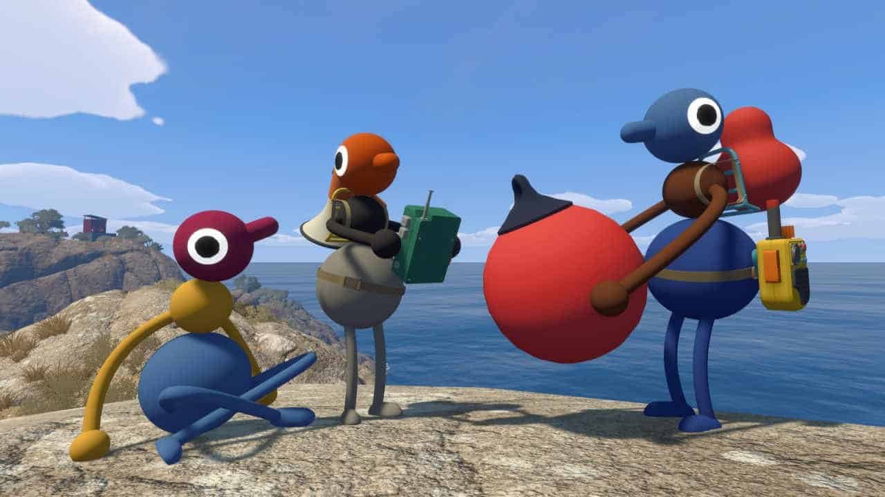 Three stick figures hold some equipment on a cliff