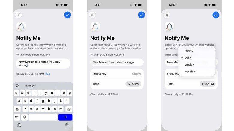 Three iPhone screenshots, showing the setup process for Apple's Notify Me feature with Ziggy Marley tour dates