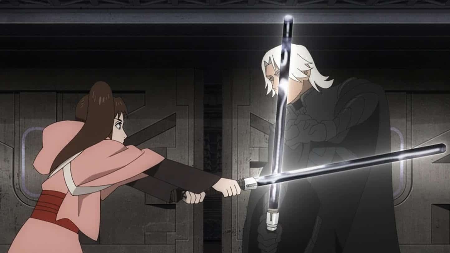 Lah Kara and Nawaam dueling with silver lightsabers in Star Wars: Visions Presents - The Ninth Jedi episode 8