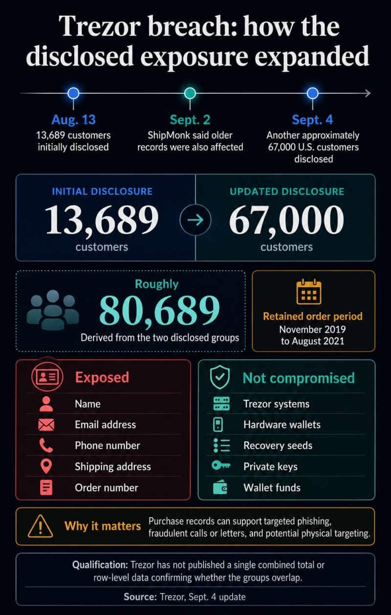Infographic showing Trezor's Aug. 13 disclosure of 13,689 affected customers, another approximately 67,000 disclosed on Sept. 4, the retained 2019 to 2021 order period, exposed contact and shipping fields, and systems and wallet secrets not compromised.