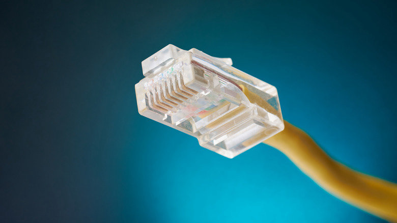 A transparent RJ45 plug on a yellow cable. The contacts are visible and the background is blue-green.
