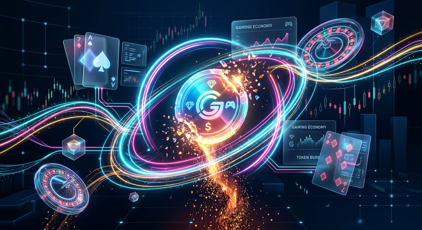 Futuristic gaming crypto coin surrounded by neon rings, playing cards, roulette wheels, and financial charts