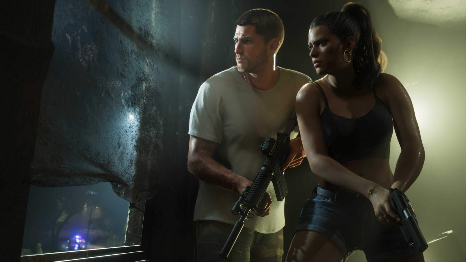 Jason and Lucia holding guns looking out the window GTA 6