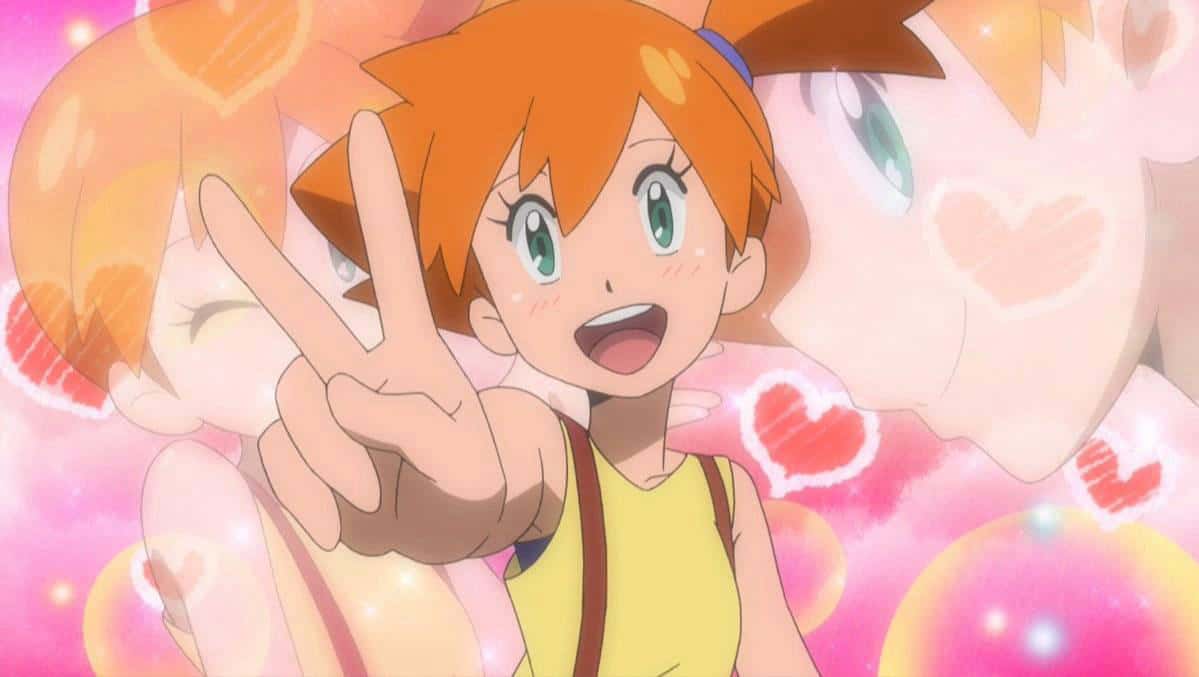 Misty giving a peace sign on a heart-themed background.