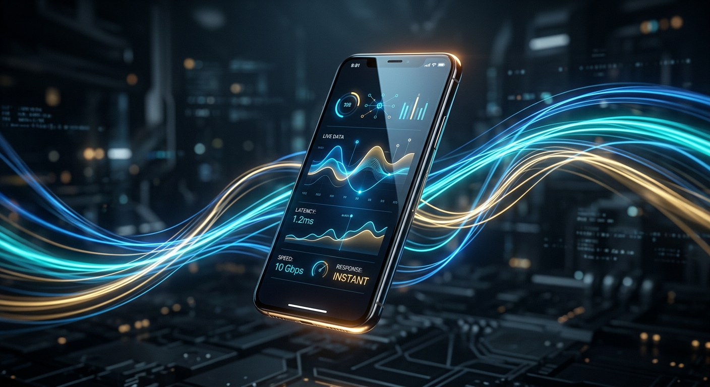 Smartphone screen displaying live data analytics with 10 Gbps speed and 1.2 ms latency amidst glowing light trails