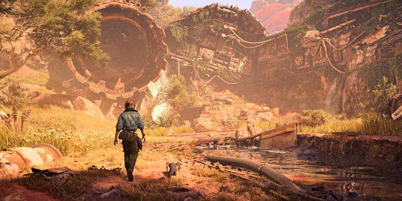 Kay and Nix walking towards a massive crashed star cruiser in Star Wars Outlaws.