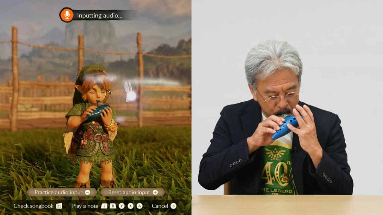 The Legend of Zelda 40th Anniversary Direct screenshot with Eiji Aonuma playing an ocarina