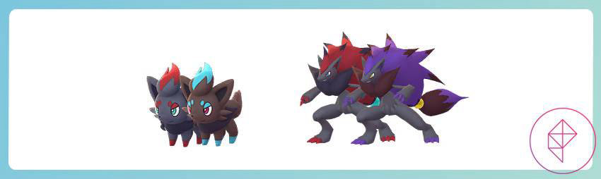 Your Pokémon Go Zorua Community Day event guide Zorua and Zoroark with their shiny versions. Shiny Zorua is more brown with blue accents, and Zoroark gains purple accents.